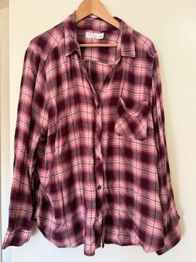 Time and Tru Women's Pink and Burgundy Plaid Button-Down Shirt